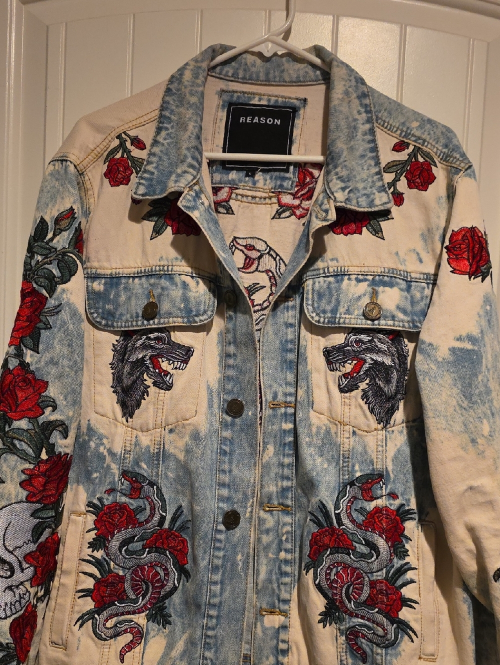 Reason Embroidered Acid-Wash Denim Jacket in Blue and Red
